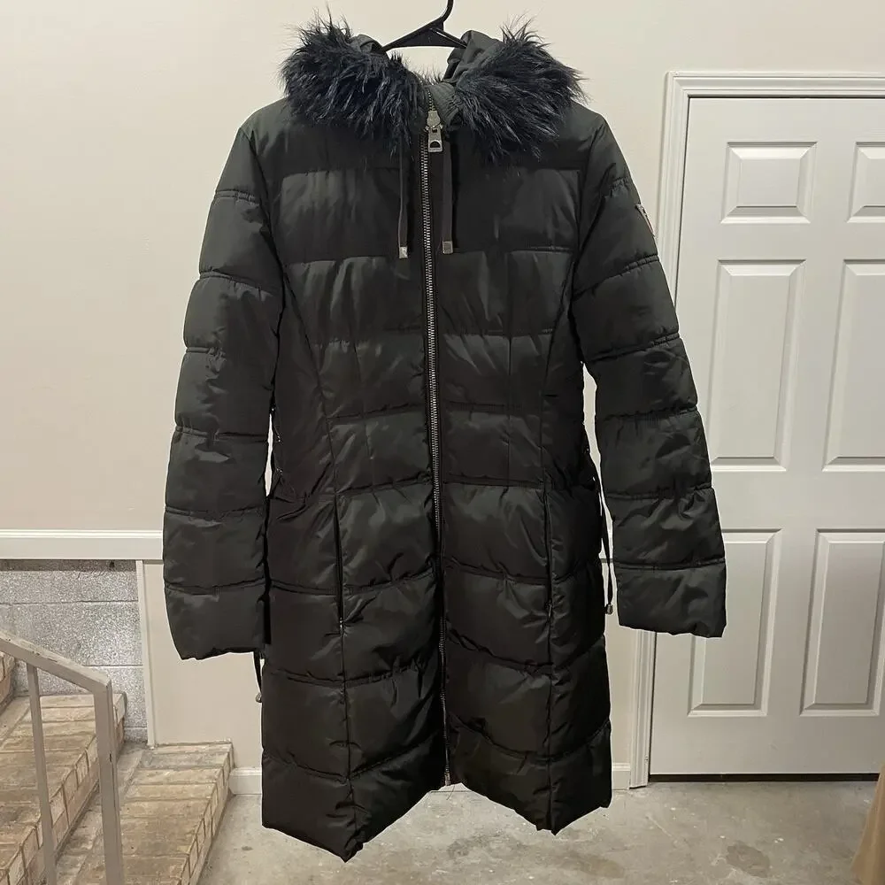 GUESS Puffer Coat Dark Green Women’s Medium Long Hooded Faux Fur Winter NWOT
